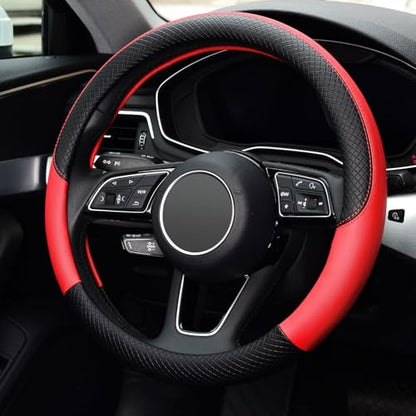 LABBYWAY Steering Wheel Cover, Universal Fit 15 Inch Microfiber Leather Car Wheel Protector, Anti-Slip, Red - color: black&red
