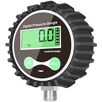 Digital Air Pressure Gauge with 1/4'' NPT Bottom Connector and Rubber Protector, 5-200psi Tire Pressure Gauge, Accuracy 1% F.S. - size: 5-200PSI