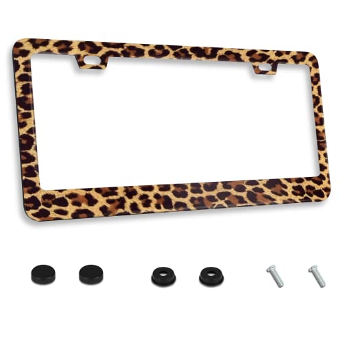 Leopard License Plate Frame Stainless Steels Cheetah Leopard Brown Car Tag Holder Frames with 2 Holes and Screws 12 x 6 Inch Decoration for US Vehicles Standard for Women Men - color: Leopard