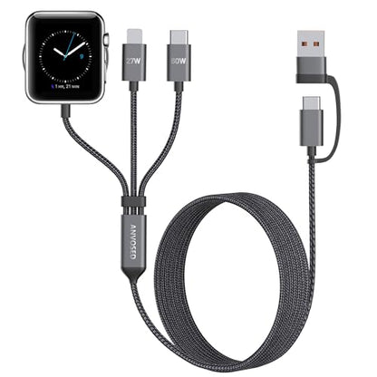 60W Fast Charging Cable for Apple Watch Charger, 6-in-1 Portable Multi Charging Cable for Apple Watch Series 1–11/SE/Ultra (Black, 120) - color: Black