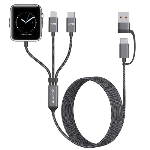 60W Fast Charging Cable for Apple Watch Charger, 6-in-1 Portable Multi Charging Cable for Apple Watch Series 1–11/SE/Ultra (Black, 120) - color: Black