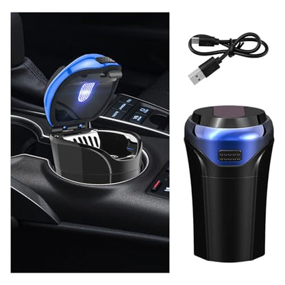 Car Ashtray with Lid, Detachable USB Rechargeable Auto Cigarette Lighter with Blue LED Light, Portable Smell Proof Stainless Car Ash Tray, Mini Automotive Trash Can (Blue) - color: Blue