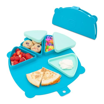 Silicone On-The-Go Snack Mat – Foldable Reusable Placemat with 3 Compartments and Lids – Travel-Friendly Baby and Toddler Snack Plate – Dishwasher Safe (Ocean) - color: Ocean