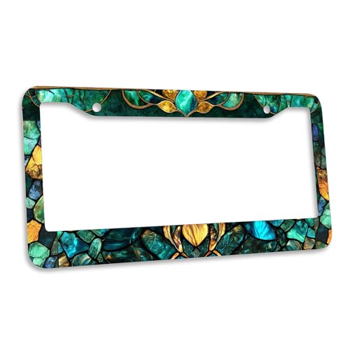 Stained Glass License Plate Frame Emerald Gold Art Nouveau Personalise Funny Design Compatible with Standard License Plate Holder for USA 6 X 12 Inch with Screws - color: Stained Glass, size: 6"L x 12"W(1PC)