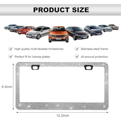 DXNQ Bling License Plate Frame, Sparkly Rhinestone Diamond License Plate Cover with Crystal Screws Caps, Glitter Crystal Stainless Steel License Plate Holder for Women, Car Accessories (White) - color: White