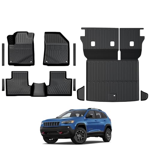 Floor Mats for Jeep Cherokee 2019-2023, All Weather Floor Mats Trunk Cargo Liner with Backrest Protectors and Door Sill Guards Accessories, Full Coverage Set - size: For Jeep Cherokee | 2019-2023
