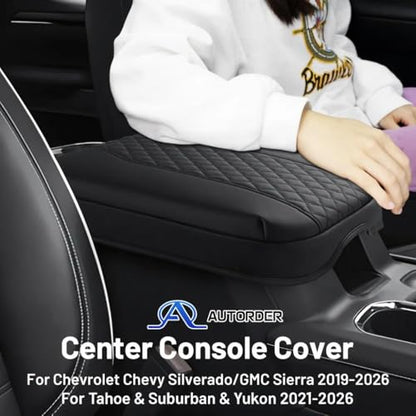 Autorder Center Console Cover for 2019-2026 Chevy Silverado/GMC Sierra Accessories, Tahoe&Suburban&Yukon 2021-2026, Armrest Cover Leather Middle Console Covers Anti-Scratch(Bucket Seat Only) - size: 19-26 Chevy Silverado Prismatic Texture