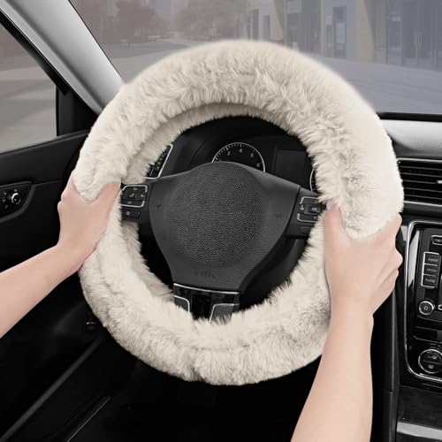 Road Comforts Steering Wheel Cover, Fluffy Car Wheel Covers for Women/Girls/Ladies，Soft Wool Fur Steering Wheel Protector, Universal 14 1/2 inches to 15 inches - White - color: White
