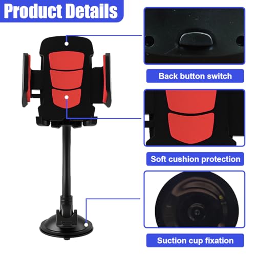 Car Phone Holder Mount, Gooseneck Long Arm Cell Phone Holder, Windshield Window, Dashboard Anti-Shake Handsfree Stand with Strong Suction Cup, Fit for Most Cellphone(Red) - color: Red