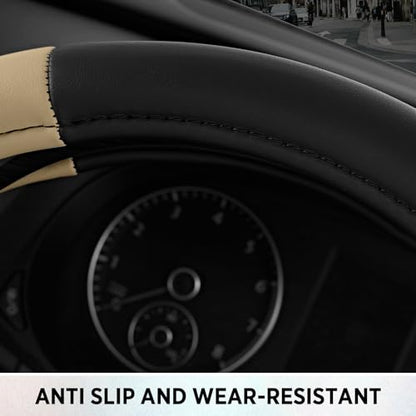 Road Comfort Leather Steering Wheel Cover – Premium Anti-Slip Car Steering Wheel Grip Cover – Universal Fit for 14.5”–15” Cars, Trucks & SUVs - Beige - color: Beige