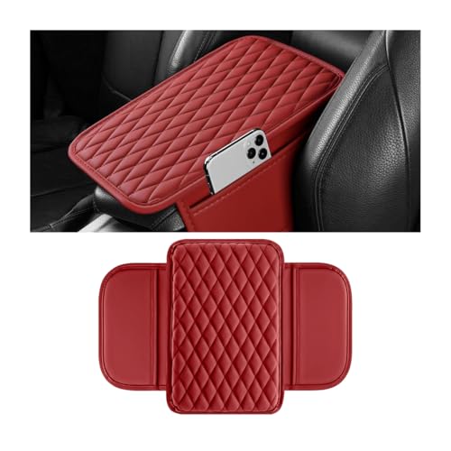 Car Armrest Cushion Pad, Leather Vehicle Center Console Cover with 2 Storage Bags, Non-Slip Automotive Interior Arm Rest Seat Box Cover Accessories, Universal for SUV RV Sedan (Rose Red) - color: Rose Red