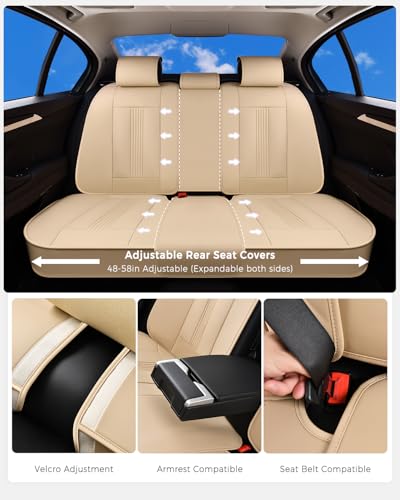Huidasource Beige Rear Seat Cover, Nappa Leather Back Seat Cover with Ventilation Holes, Velcro Adjustable, Compatible with Seat Belts, Child Safety Seats, Fit for Most Cars SUV Truck, Beige - color: R# Beige, size: Back Seat Cover