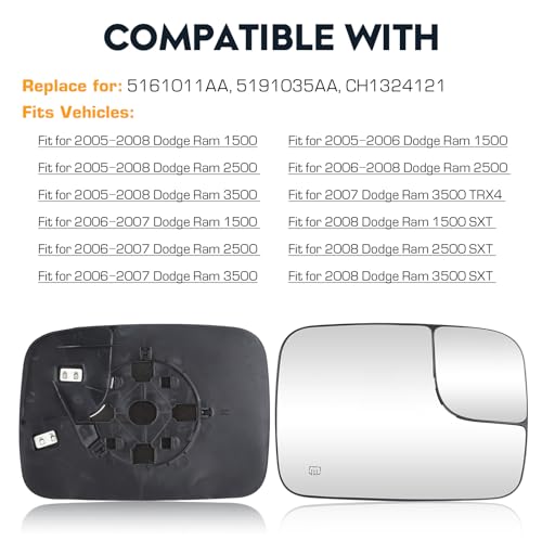 Passenger Right Side Mirror Blind Spot Convex Heated Mirror Glass with Rear Holder Fit for 2005-2009 Dodge Ram 1500 2500 3500, Replacement for 5161010AA 5191036AA CH1325121 - size: Right Side