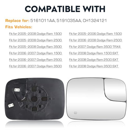 Passenger Right Side Mirror Blind Spot Convex Heated Mirror Glass with Rear Holder Fit for 2005-2009 Dodge Ram 1500 2500 3500, Replacement for 5161010AA 5191036AA CH1325121 - size: Right Side