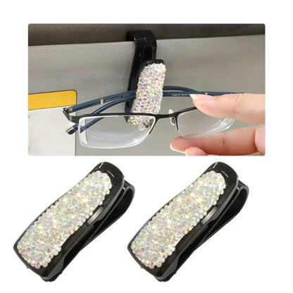 Wevdn 2 PCS Car Sun Visor Glasses Holder, Fashion Bling Car Eyeglasses Sunglasses Hanger for Women Girls, Glasses Holder Clip Hanger Mount with Ticket Card Clip, Car Accessories (AB) - color: AB