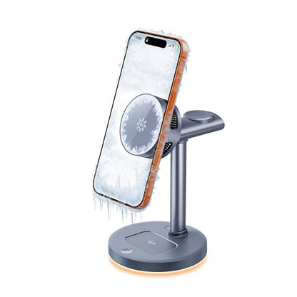 Qi2.2 Certified 25W Semiconductor Cooler Wireless Charger, 3 in 1 Charging Station with ice Block Silent Cooling Fan, Compatible with iPhone 17/16/15/14/13/12, Apple Watch, AirPods (Gray) - color: gray