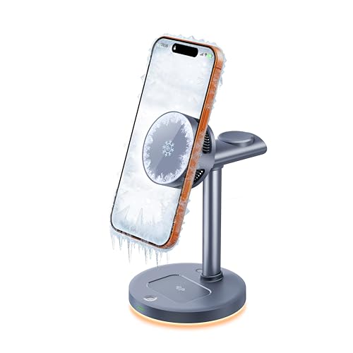 Qi2.2 Certified 25W Semiconductor Cooler Wireless Charger, 3 in 1 Charging Station with ice Block Silent Cooling Fan, Compatible with iPhone 17/16/15/14/13/12, Apple Watch, AirPods (Gray) - color: gray