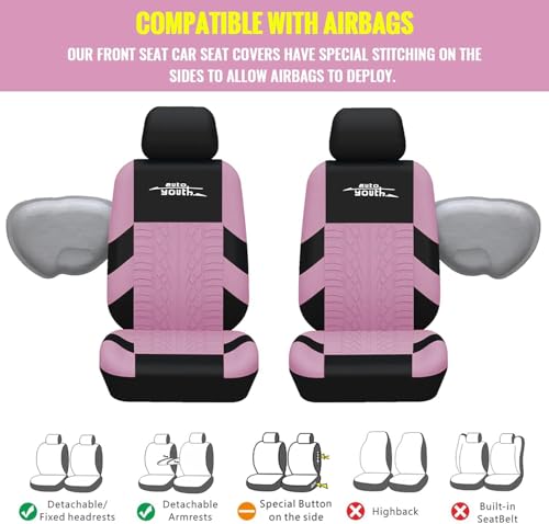 AUTOYOUTH Pink Seat Covers Front Seats Only, 3D Tyre Embossed Breathable Bucket Covers, Airbag Compatible, Quick Setup Universal Fit for Sedan, SUV, Truck, Van - color: Pink & Black, size: Front Seats Only (4 pieces)