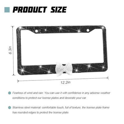 Bling Car License Plate Frame for Women, 2PCS Crystal Rhinestone Stainless Steel Vehicle Plate Holder, Glitter Diamond Sparkly Auto Plate Cover Accessories, Universal Fit (Black/White Bow) - color: Black/White Bow
