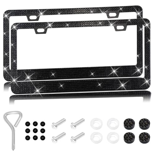 2 Packs Bling License Plate Frames, Bedazzled Sparkly Cute Water Diamond Stainless Steel，Car Accessories with Diamond Sparkle Glitter Caps，Suitable for Both Men and Women(Black) - color: Black, size: 2