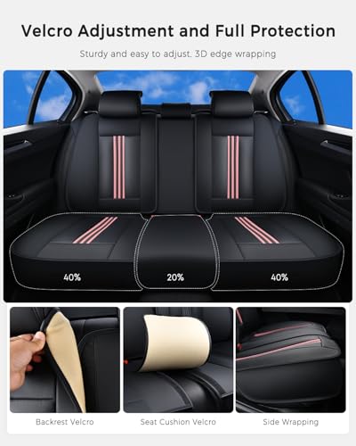 Huidasource Rear Car Seat Cover, Nappa Leather Rear Seat Cover with Ventilation Holes, Velcro Adjustable, Compatible with Seat Belts, Child Safety Seats, for Most Cars SUV Truck, Black＆ Pink - color: R# Black&Pink, size: Back Seat Cover