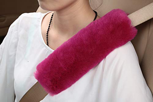 U&M 2 Pack Genuine Sheepskin Auto Seat Belt Cover for Adult Youth Kid Toddlers -Soft Warm Car, Truck, SUV, Camera Backpack Strap Shoulder Pad Wool Fluffy - color: rose red