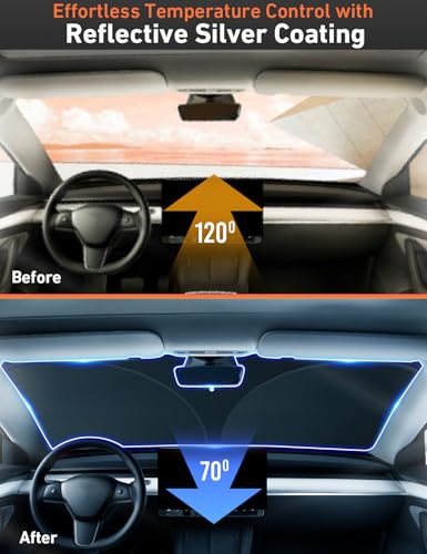 EcoNour Windshield Sun Shade Compatible for Tesla Model 3 & Model Y 2017–2026 | Custom Fit EV Front Window Sunshade | Foldable Heat & UV Reflective Sun Visor - size: Custom Fit