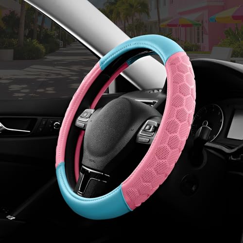 PIC AUTO Massage Steering Wheel Cover, Pink Football Pattern Material Spliced & Light Blue Leather Car Steering Wheel Cover, Car Steering Cover, Universal Fit 14.5"-15.5" for Cars, Trucks, Van, SUVs - color: Light Blue
