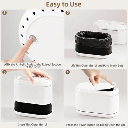 PAVSTINE Mini Trash Can for Desk with 5 Rolls of Trash Bags, Small Press-Top Countertop Garbage Bin, Removable Waste Basket for Bedroom, Vanity, Coffee Table, Kitchen (White Half-Lid) - color: White Half-Lid
