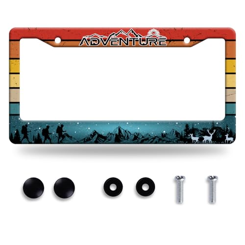 Adventure Awaits License Plate Frame Camping Forest Deer Mountains License Plate Frames Funny Auto Accessory Stainless Steel Mountain License Plate Decoration for Women Men 12 x 6 Inch - color: Adventure Awaits With Mountains Forest