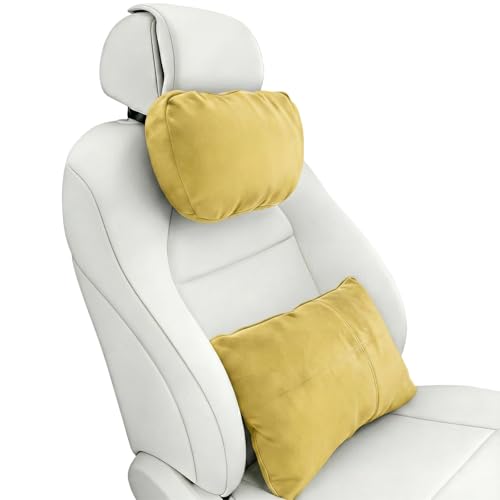 2PCS Car Pillow for Car Neck Pillow for Driving Seat Neck Support Soft Cushion Back Support Head-Rests for Vehicle Sleeping with Elastic Adjustment Strap (Golden, Head and Lumbar) - color: Golden, size: Head and Lumbar