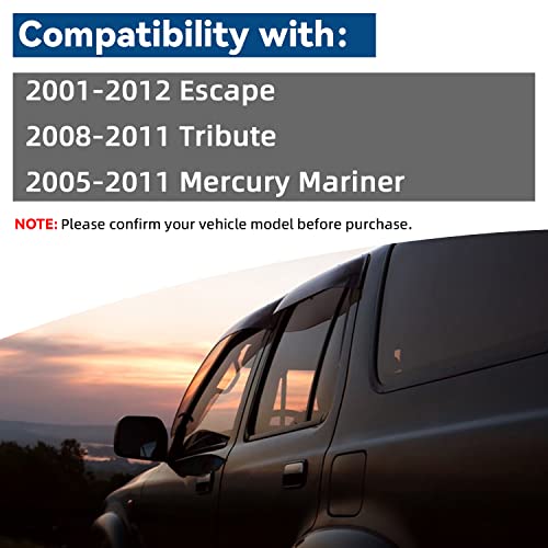 4pcs Front+Rear Smoke Sun/Rain Guard Outside Mount Tape-On Window Visors Compatible with 01-12 Escape 08-11 Tribute 05-11 Mercury Mariner - size: for 2001-2012 Ford / Mazda / Mercury