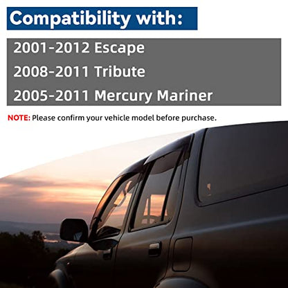 4pcs Front+Rear Smoke Sun/Rain Guard Outside Mount Tape-On Window Visors Compatible with 01-12 Escape 08-11 Tribute 05-11 Mercury Mariner - size: for 2001-2012 Ford / Mazda / Mercury