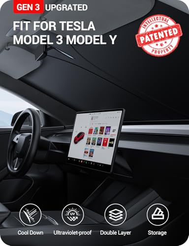 BASENOR 2026 Tesla Model Y/3 Windshield Sunshade, [Nano Ice Crystal] Folding Front Window Sun Shade Cover Heat UV Protection Visor Model Y/3 Accessories 2017-2026 - size: Model Y/3 Ice Crystal Gray