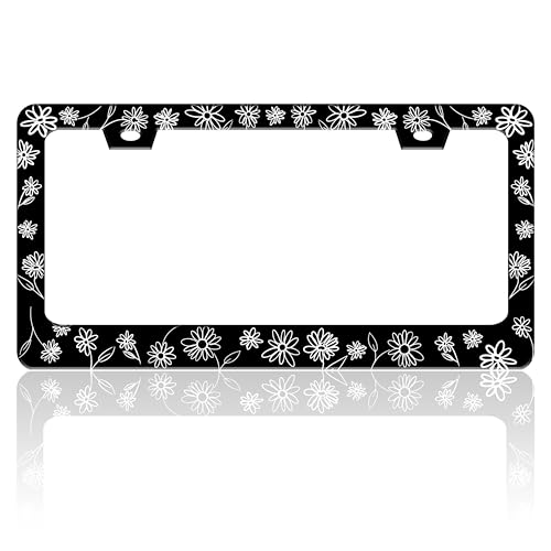 Black and White Daisies License Plate Frame Flower Art License Plate Holder for Front or Rear Car Tags Stainless Steel Funny Car Decoration with Screws 6.3 X 12.2 in - color: Black And White Daisies