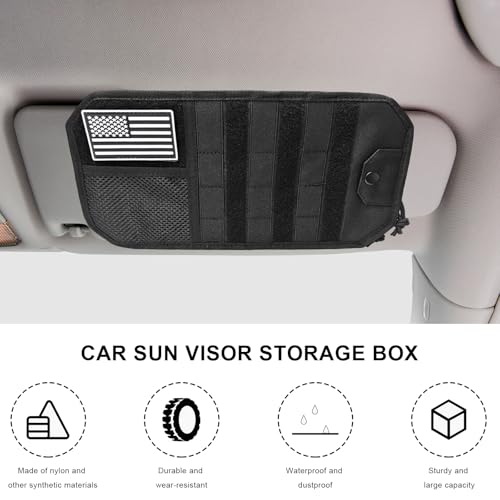 Molle Car Sun Visor Organizer, Multi-Pocket Zippered Visor Pouch with Tactical Panel & Glasses Clip, Sunshade Tactical Gear Storage Organizer for Trucks SUVs Patrol Cars