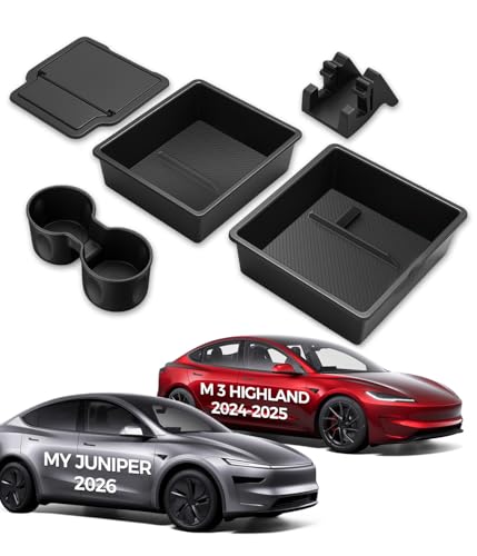 Center Console Organizer 5PCS Compatible with Tesla Model Y Juniper2026, Armrest Storage Tray, Hidden Storage Box, Cup Holder, Phone Holder – Interior Accessories for New Model Y/3 2025