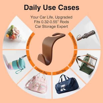 Car Seat Hooks & Purse Holder - 4 Pack Boxed,55 lb Heavy Duty,Eco PP Car Hooks for Purse/Bag/Baby Gear/Gym Bag/Groceries/Cup/,Fits 0.32-0.55”Car Headrest Rods (Brown) - color: Brown