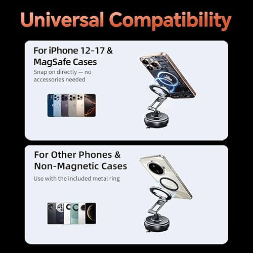 Compatible MagSafe Car Mount - GEATEE Vacuum Magnetic Phone Holder for Car, 360° Adjustable Foldable Car Dash Mount, Reinforced 110+LBS Suction Phone Mount for iPhone 17/16/15/14/13/12&Android, Carbon - color: Carbon Fiber