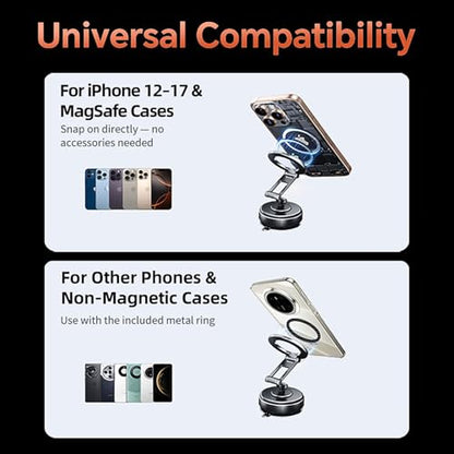 Compatible MagSafe Car Mount - GEATEE Vacuum Magnetic Phone Holder for Car, 360° Adjustable Foldable Car Dash Mount, Reinforced 110+LBS Suction Phone Mount for iPhone 17/16/15/14/13/12&Android, Carbon - color: Carbon Fiber