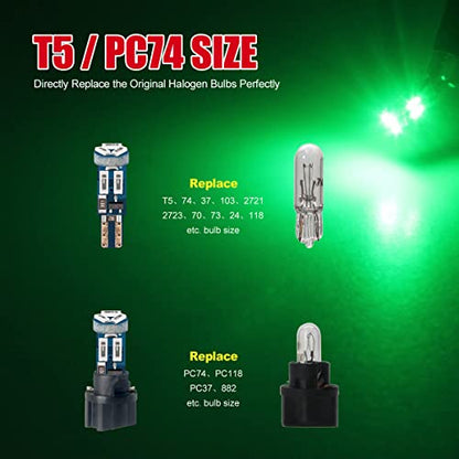 High Bright Green T5 37 74 PC74 PC37 LED Bulb with Twist Lock Socket for Dashboard Instrument Panel Gauge Cluster Light and Map Vanity Mirror Glove Box Indicator Light - color: Green