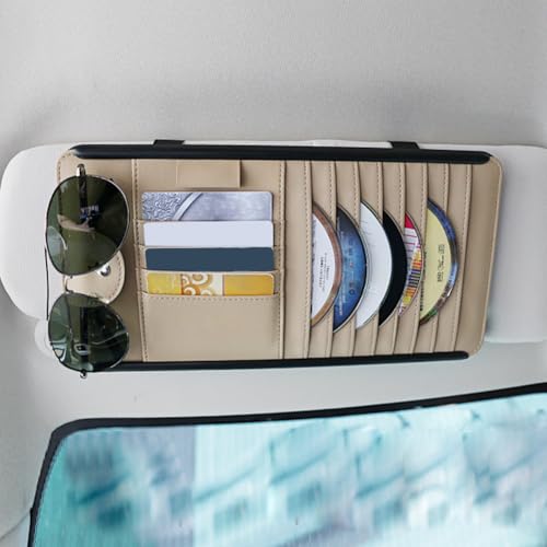 Car Sun Visor Pocket Organizer, Car CD/DVD Holder Storage Case, Multi-Pocket Visor Organizer Storage Pouch, Glasses Clip Storage Bag, Auto Interior Accessories Pockets Organizer (Beige) - color: Beige