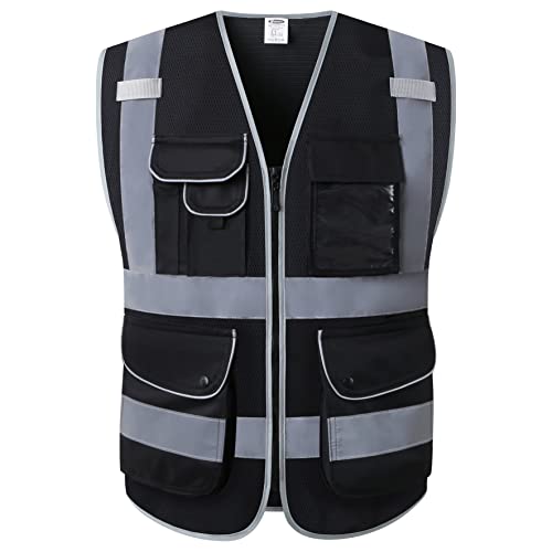JKSafety 9 Pockets High Visibility Safety Vest for Men and Women, Hi-Vis Reflective Black Safety Vests with Zipper Front, Meet ANSI/ISEA Standards(159-Black M) - color: Jk159-black, size: Medium