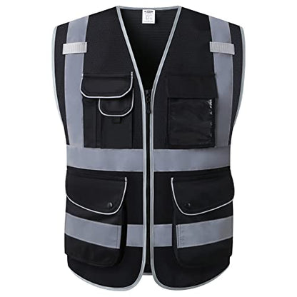 JKSafety 9 Pockets High Visibility Safety Vest for Men and Women, Hi-Vis Reflective Black Safety Vests with Zipper Front, Meet ANSI/ISEA Standards(159-Black M) - color: Jk159-black, size: Medium