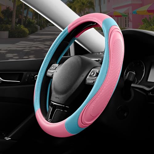 Road Comforts Car Steering Wheel Cover - Microfiber Leather Steering Wheel Wrap Sports 14.5-15 Inch Steering Wheel Cover Non-Slip for Men Women Pink & Blue Color - color: Pink&Blue