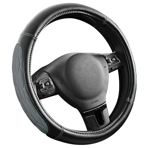 PIC AUTO Steering Wheel Cover, Gray Thick Rhombic Foam and Premium Leather, Universal 14.5-15.5 Inch Breathable Anti-Slip Steering Wheels Accessories for Men & Women - color: Gray