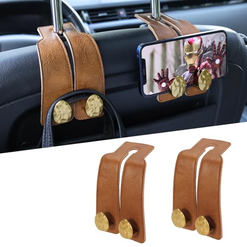 2PCS Leather Car Seat Hooks for Headrest, Vehicle Hanger Storage Organizer Universal for Handbag Purse, Car Accessories Gift (Brown-Gold) - color: Brown-Gold