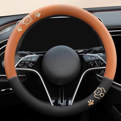 15 Inches Universal Round Leather Car Steering Wheel Cover, Cute Bear Soft Breathable Non-Slip Steering Wheel Protector Wrap (Chocolate) - color: Chocolate