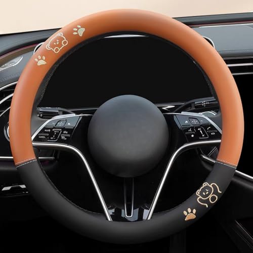 15 Inches Universal Round Leather Car Steering Wheel Cover, Cute Bear Soft Breathable Non-Slip Steering Wheel Protector Wrap (Chocolate) - color: Chocolate