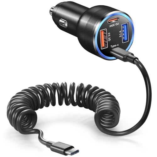 USB C Car Charger, Bangfun 65W 4-Port Dual 12V USB Car Power Charger PD&QC3.0 Fast Charging Cigarette Lighter Adapter Plug for iPhone 17 16 15 Pro iPad Air Samsung S25+5ft Type C Coiled Cable (Black) - size: 1 Pack